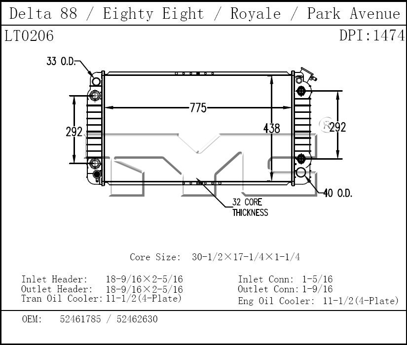 Foto de Montura del radiador para Buick LeSabre Buick Park Avenue Cadillac DeVille Cadillac Seville Oldsmobile 98 Pontiac Bonneville Marca TYC Nmero de Parte 1474