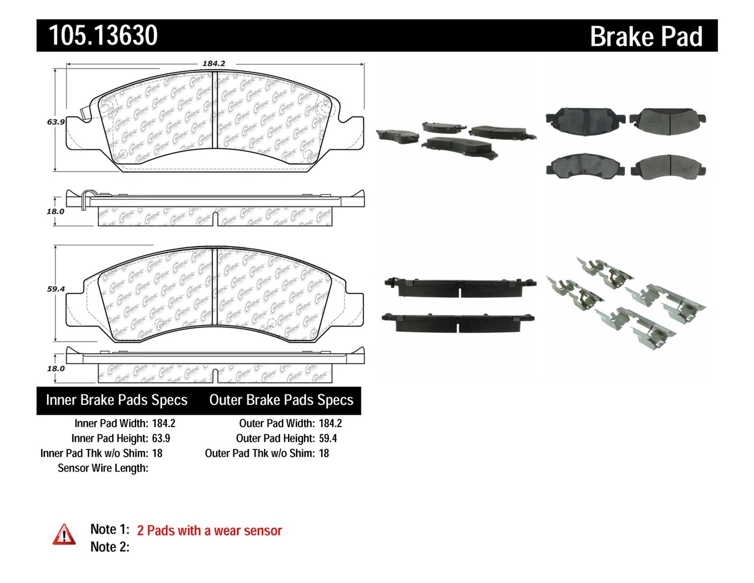 Foto de Pastilla de Freno de Disco Posi-Quiet Ceramic w Shims & Hardware-Preferred para Chevrolet Silverado 1500 2008 2011 Chevrolet Tahoe 2007 2015 GMC Yukon 2017 Marca CENTRIC PARTS Parte #105.13630