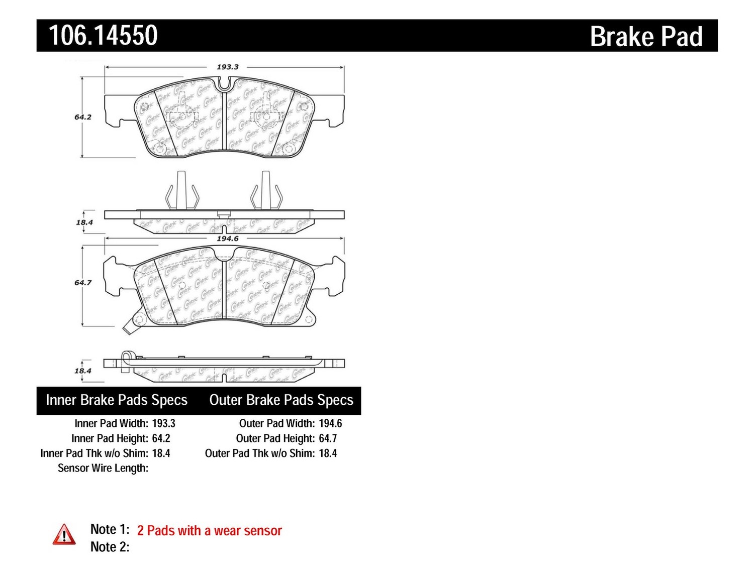 Foto de Pastilla de Freno de Disco Posi-Quiet Extended Wear w Shims & Hardware para Dodge Durango Jeep Grand Cherokee Mercedes-Benz ML350 Mercedes-Benz GL450 Mercedes-Benz GL350 Marca CENTRIC PARTS Parte #106.14550