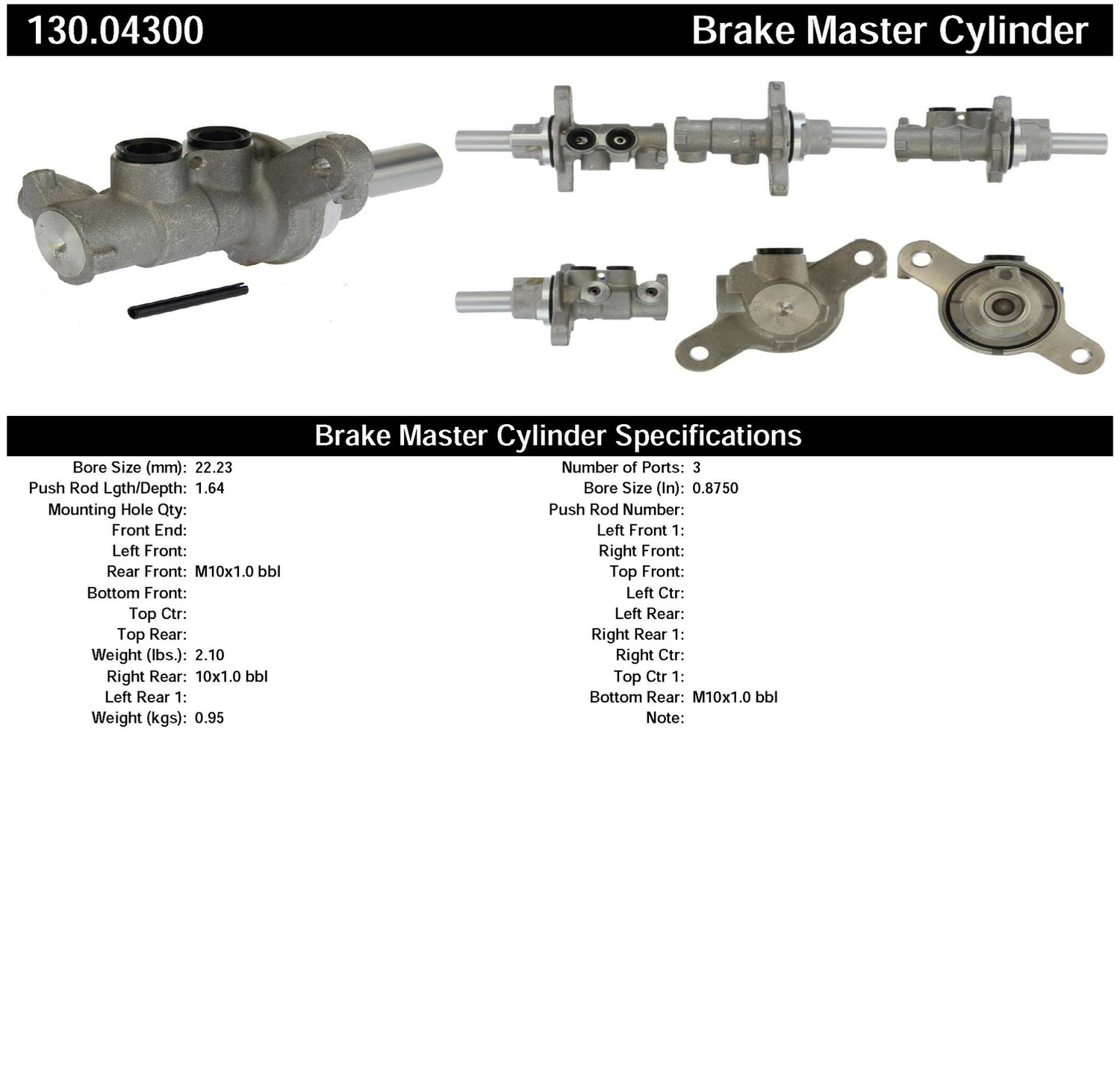 Foto de Cilindro Maestro de Freno Premium para Fiat 500 2015 Marca CENTRIC PARTS Nmero de Parte 130.04300