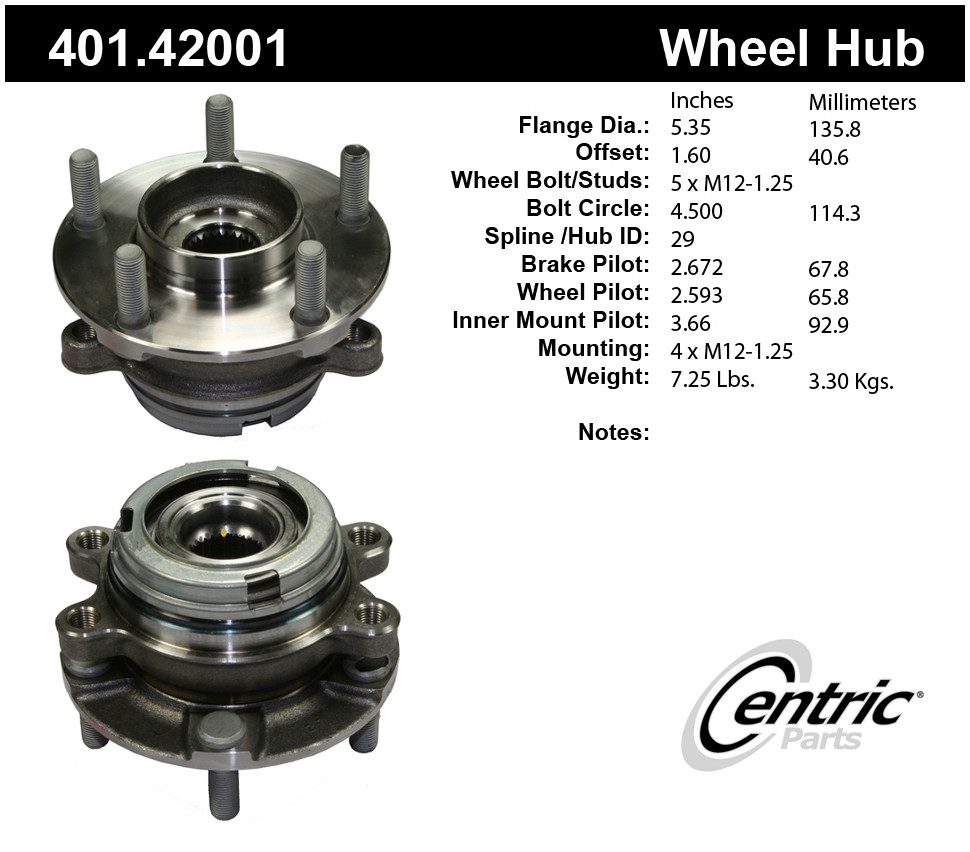 Foto de Conjunto de Cojinete y Cubo de Eje Premium & para Nissan Altima 2007 2009 Marca CENTRIC PARTS N�mero de Parte 401.42001
