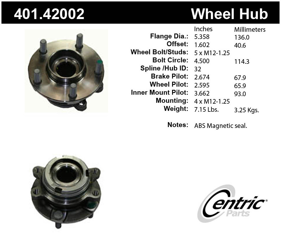 Foto de Conjunto de Cojinete y Cubo de Eje Premium & para Nissan Altima 2007 2009 Marca CENTRIC PARTS N�mero de Parte 401.42002
