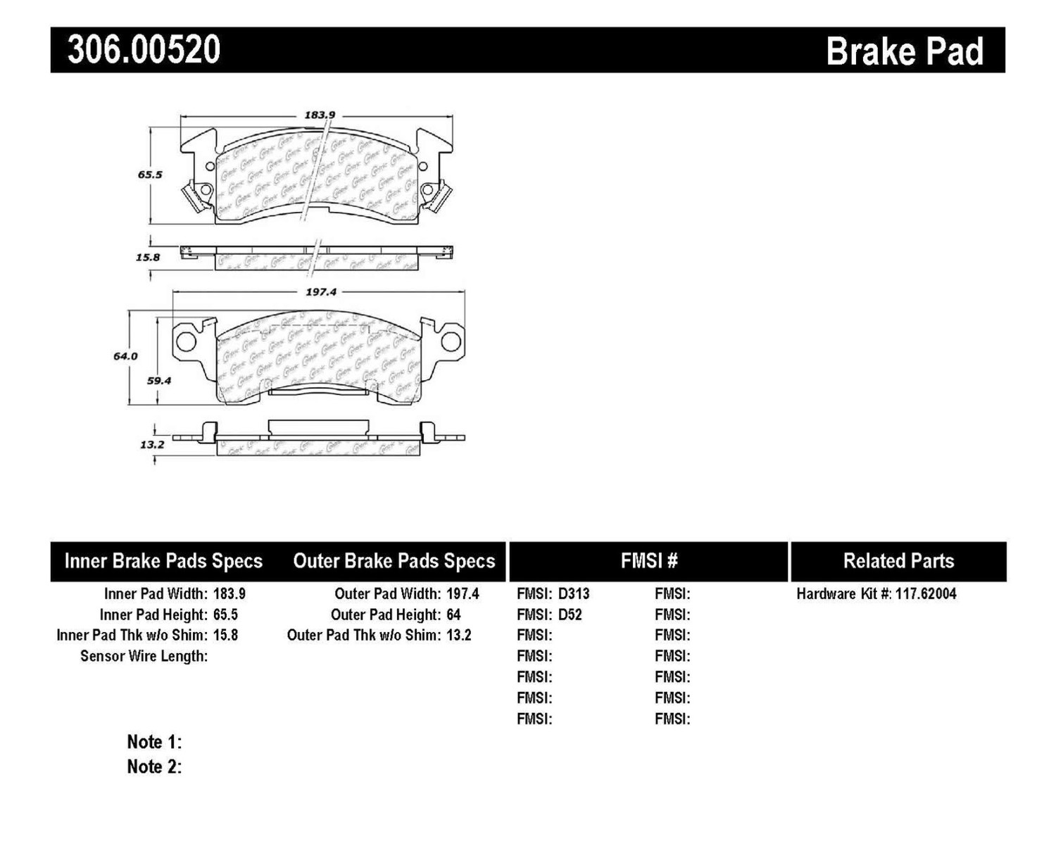 Foto de Pastillas de Freno Centric Fleet Performance Pads w Hardware para Chevrolet C10 Pickup 1969 Marca CENTRIC FLEET PERFORMANCE Nmero de Parte 306.00520